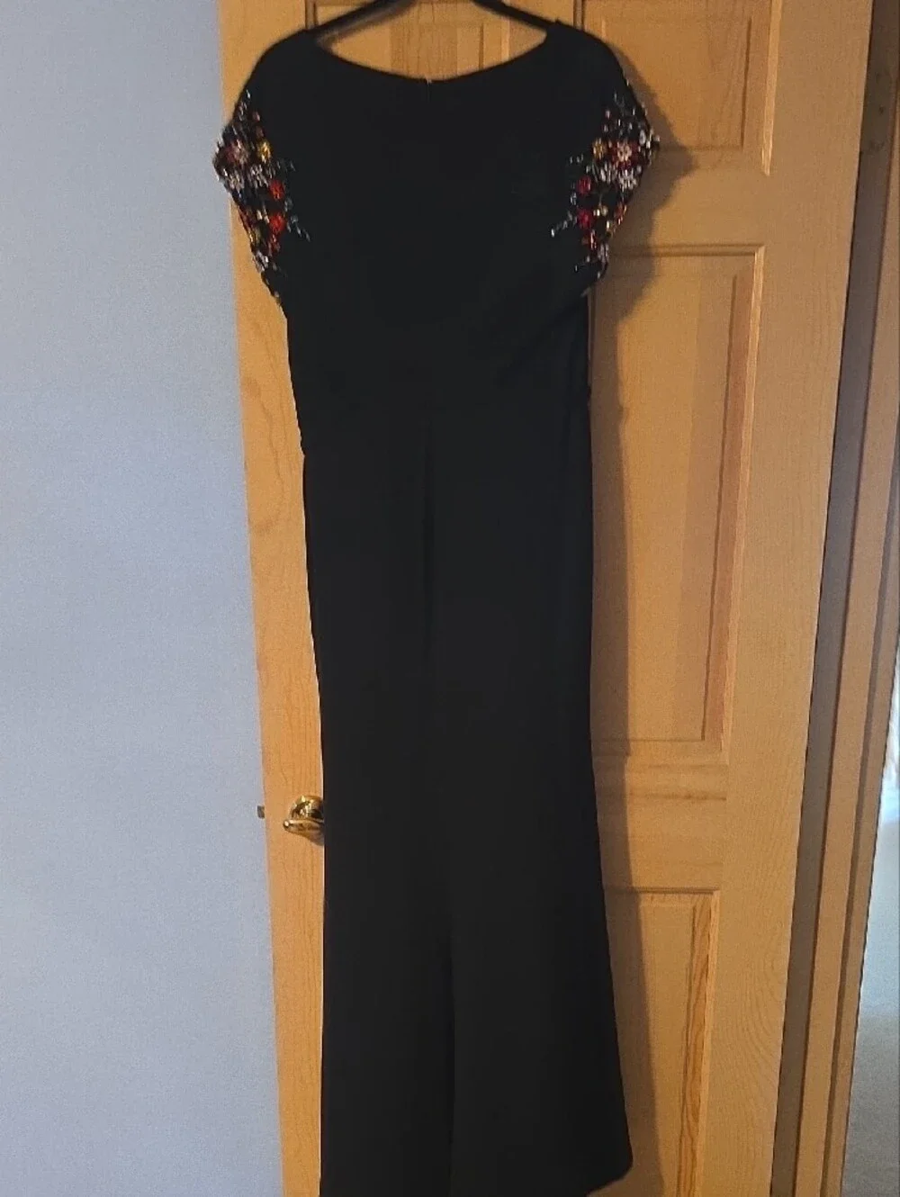 Mac Duggal Black Jersey Gown with Multicolor Embellished Cap Sleeves - Picture 8 of 9